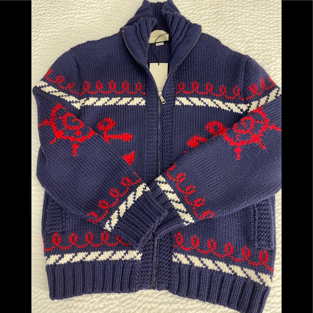 Gucci Blue Knitted Wool Bomber Sweater Size L - Picture 7 of 12